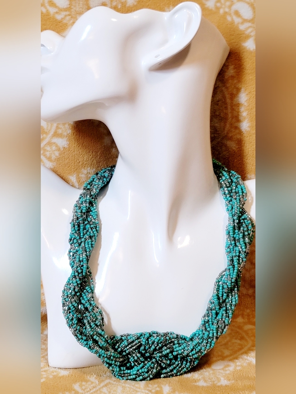 Vintage Hand Beaded Knot Chunky Silver And Turquoise Bib Multi Strand Necklace